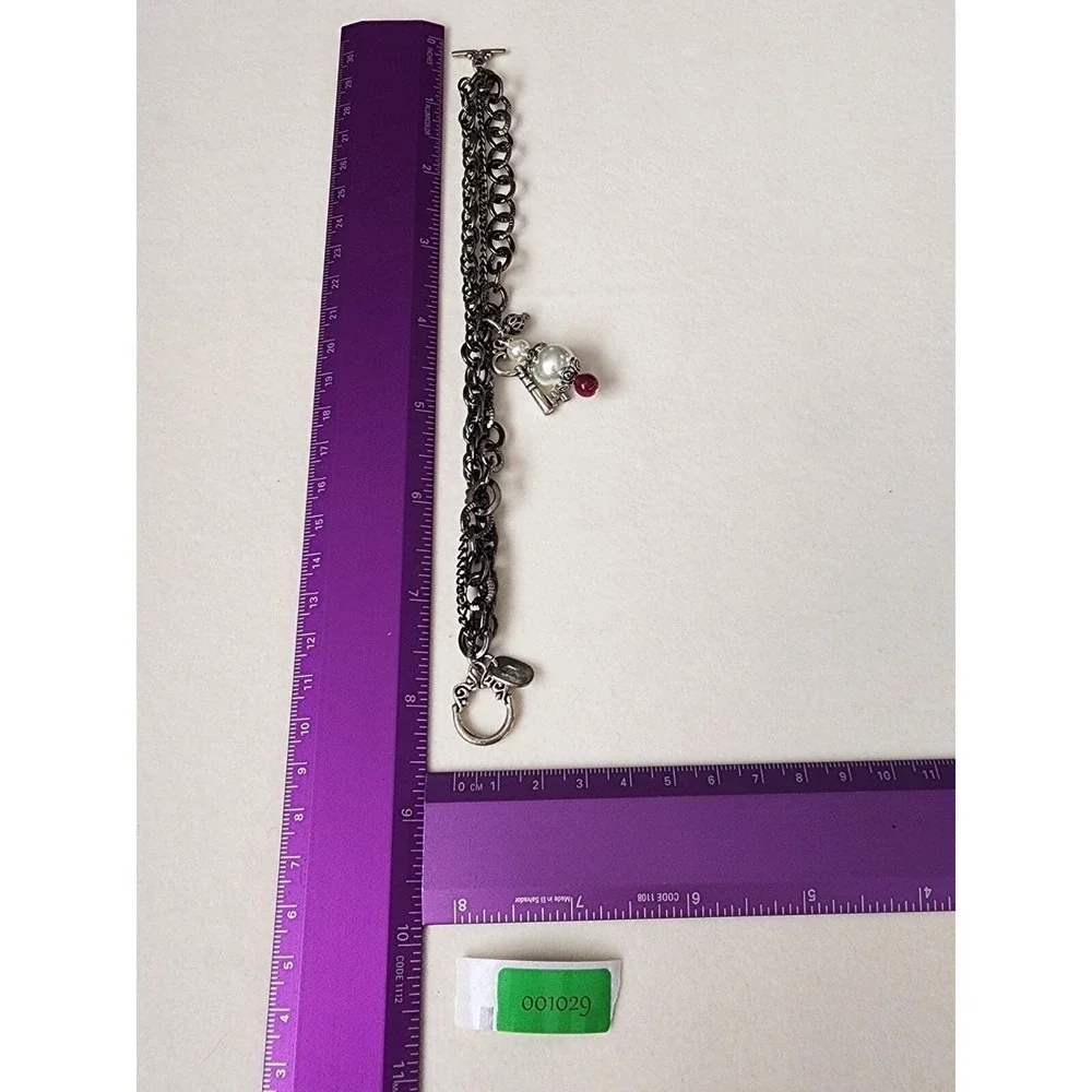 MADE WITH LOVE Signed T Charm Bracelet Multi-Strand Key Faux Pearl Gunmetal Grey
